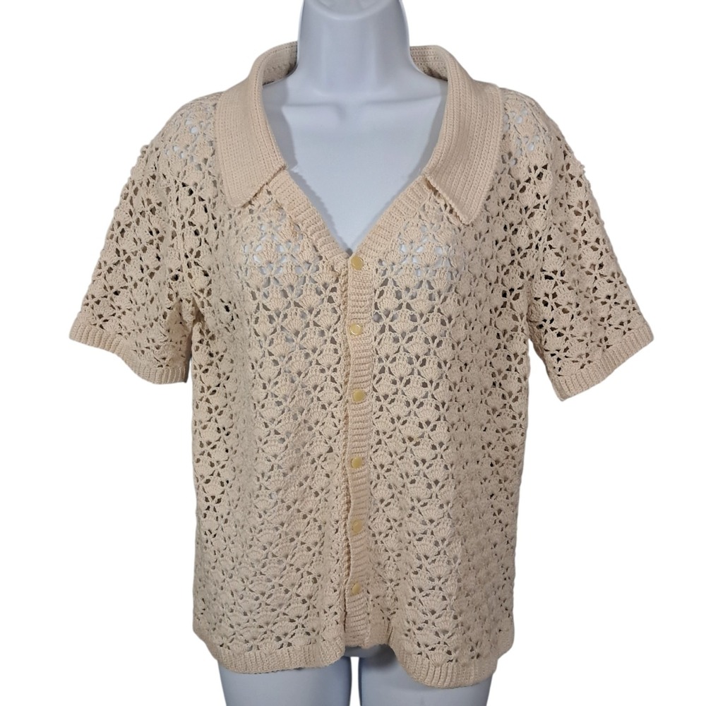 Handmade Vintage 70s Boho Crochet Top Beige Short Sleeve Cardigan Medium